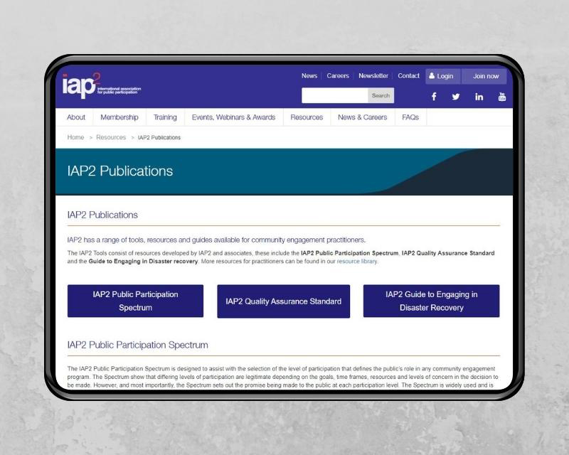 Image of IAP2 publications page on a screen